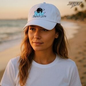 Casquette blanche ZULT NOVA #4 Collection SIGNATURE portée par une femme sur la plage, logo planète noire et inscription “SUPER HERO”, style estival et galactique.