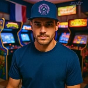 Casquette bleue ZULT STAMP #4 Collection SIGNATURE avec motif circulaire “Courant Alternatif Continu” en rose, portée dans une salle d’arcade rétro, style streetwear geek et électrique.