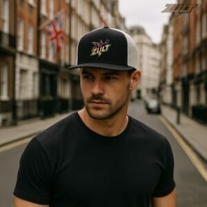 Casquette noire et grise ZULT #4 Collection Signature portée en ville par un homme, logo coloré style super-héros, look streetwear urbain.