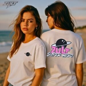 T-shirts blancs ZULT NOVA #1 Collection SIGNATURE portés par deux femmes sur la plage, logo planète à l’avant et design “SUPER HERO” au dos, style galactique, doux et affirmé.
