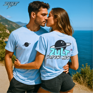 T-shirts bleus ZULT NOVA #2 Collection SIGNATURE portés par un couple en bord de falaise, logo planète et inscription “SUPER-HÉRO” au dos, style romantique, fun et galactique.