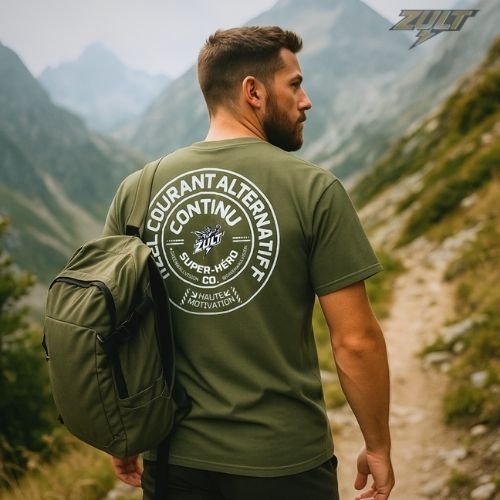 T-shirt kaki ZULT STAMP #1 Collection SIGNATURE avec imprimé circulaire blanc “Courant Alternatif Continu”, porté par un homme en randonnée en montagne, style outdoor et graphique.