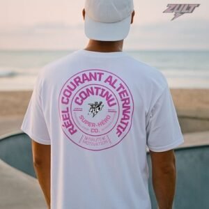 T-shirt blanc ZULT STAMP #2 Collection SIGNATURE avec motif rose “Courant Réel Alternatif Continu”, porté au bord de mer par un homme, design graphique inspiré électricité et super-héros.