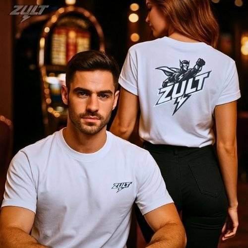 T-shirt blanc ZULT #1 Collection SIGNATURE porté par un homme et une femme, logo super-héros à l’avant et au dos, style urbain moderne dans une ambiance de casino.